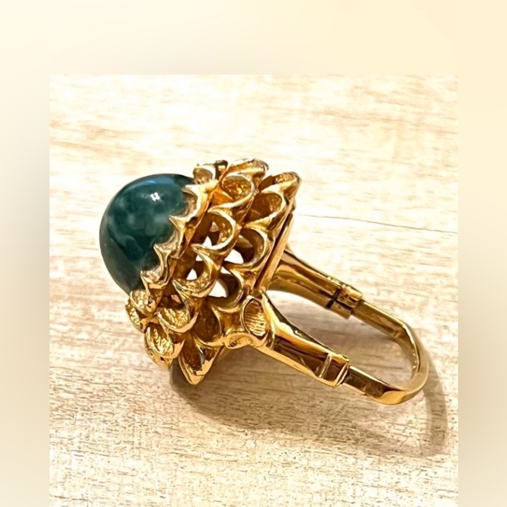Vintage Vendôme Emerald Green Cabochon Cocktail Ring Signed Adjustable Statement